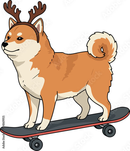 Pixel Art Shiba Inu Dog Wearing Antlers Riding Skateboard
