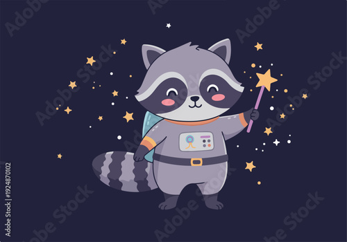 Pixel Art Astronaut Raccoon Holding Sparkle Wand in Starry Night Sky