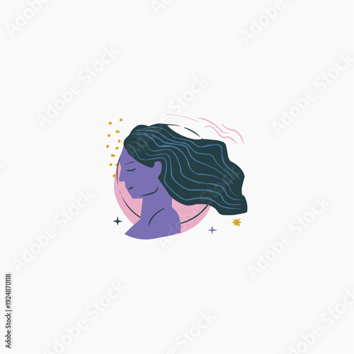 Woman with flowing hair and stars in modern illustration