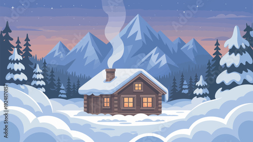 A cozy cabin nestled in a snowy mountain landscape with trees and a starry night sky