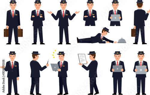 Pixel Art Bellhop Character Set Flat Design Icons Isolated on White