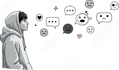 Pixel Art Teenager Hooded Sweatshirt Thinking With Emojis Speech Bubbles