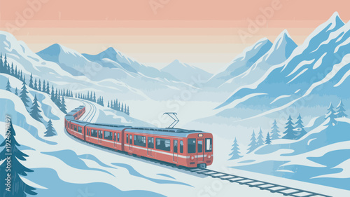 A red train travels through a snowy mountain landscape with pine trees and a pink sky at sunset