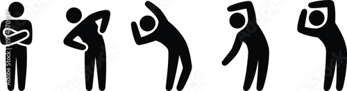 Black stick figures demonstrating a range of simple stretching and flexibility exercises for daily routine