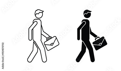 Two stick figures walking with briefcases in hand in black and white