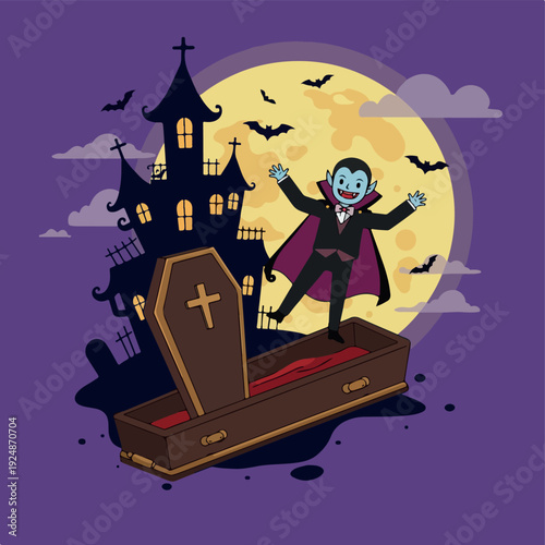 Pixel Art Vampire Dancing On Coffin Full Moon Haunted Castle Bats Halloween Night