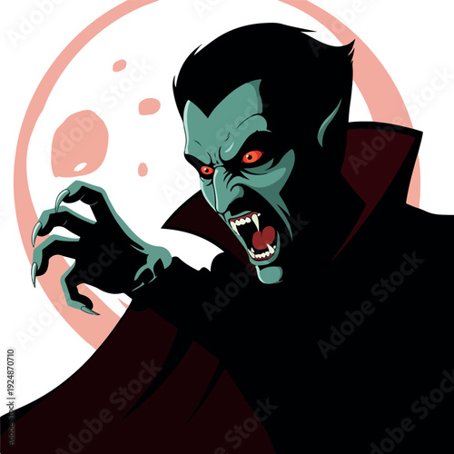 Pixel Art Vampire With Red Eyes And Claws In Front Of Pink Moon