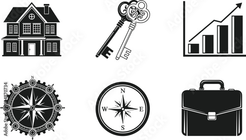 Real estate and business icon set featuring house keys growth chart compass and briefcase black white vector illustration