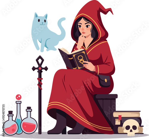Pixel Art Witch Reading Spellbook With Cat Beside Potion And Skull