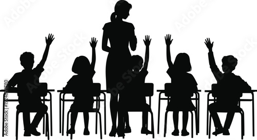Teacher and students raising hands silhouette isolated on white background, vector illustration of classroom lesson scene with children sitting at desks