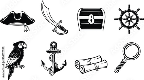 Pirate adventure silhouette icons set, hat sword treasure chest ship wheel parrot anchor map magnifier black vector illustration collection