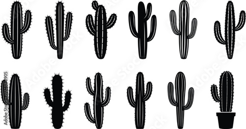 Black cactus silhouettes, twelve desert plant designs, potted cactus illustration, unique shapes collection, isolated white background, minimal vector artwork, botanical concept