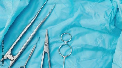 Wallpaper Mural Surgical Tools on Blue Medical Fabric: Scissors, Forceps, and Clamps Ready for Procedure Torontodigital.ca