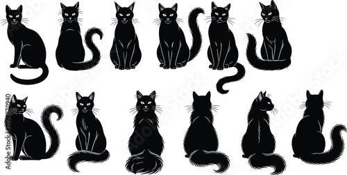 Black cat silhouettes, twelve sitting designs, posture variations, tail positions, feline illustration concept, isolated white background, minimal vector artwork