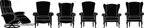 Black chair silhouettes, six furniture designs, modern recliner with footrest, classic armchairs collection, isolated white background, minimal vector illustration