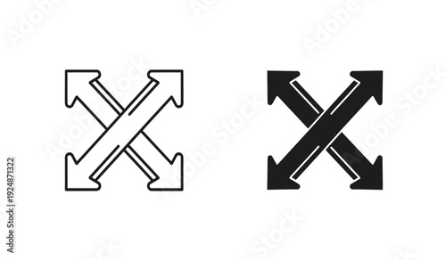 Black and white crossed arrows icon set with outline and solid fill