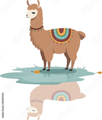 Pixel Art Llama Standing On Grassy Reflection With Colorful Blanket