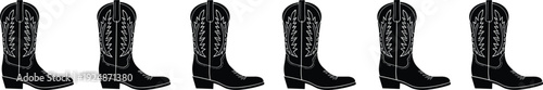 Black cowboy boots silhouette, six pairs aligned, decorative stitching design, western footwear concept, isolated white background, fashion icon, minimal vector illustration