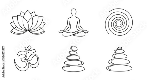Set of six spiritual and wellness icons for meditation and yoga.