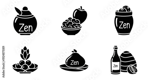 Zen symbols with food and drink items in silhouette.
