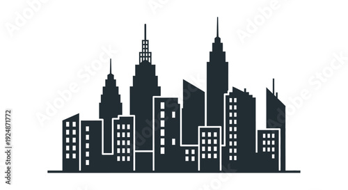 Black silhouette of a modern city skyline with various tall buildings