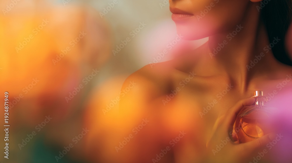 Obraz premium Perfume layering concept with elegant woman surrounded by floral tones