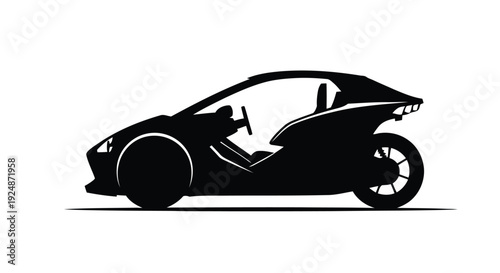 Stylized black silhouette of a three wheeled vehicle resembling a futuristic motorcycle car