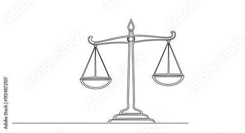 A simple line drawing depicts a balanced scale of justice with two pans