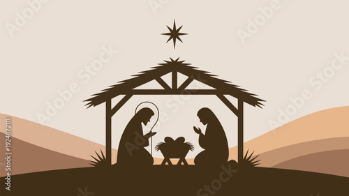 A serene Christmas nativity scene with Mary, Joseph, and baby Jesus in a manger under a starry night sky.