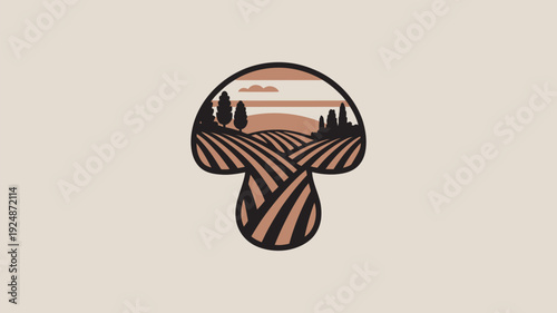 A stylized illustration of a mushroom with a scenic landscape inside its cap, set against a beige background.