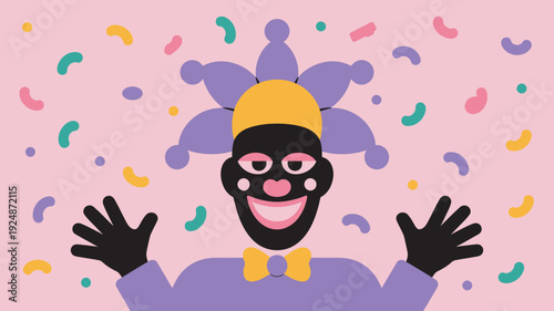 A colorful illustration of a happy jester celebrating with confetti in the background.