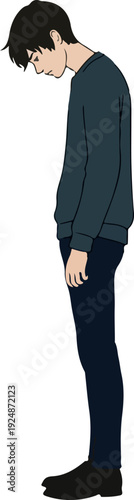 Pixel Art Man Looking Down In Dark Casual Clothes Isolated