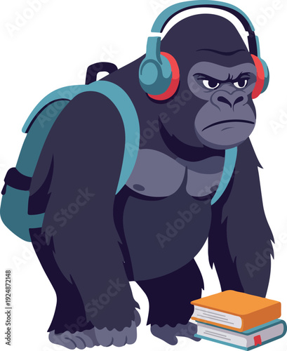 Pixel Gorilla Student Wearing Headphones and Backpack Holding Books