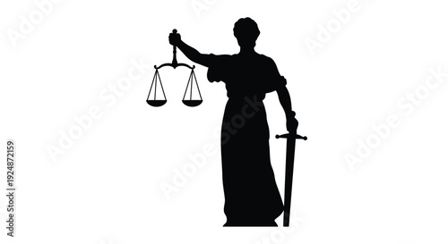 Silhouette of lady justice holding scales and a sword against a white background