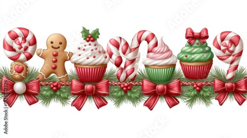 Christmas Border With Gingerbread Man Cupcakes Candy Canes Lollipops And Holly Berries