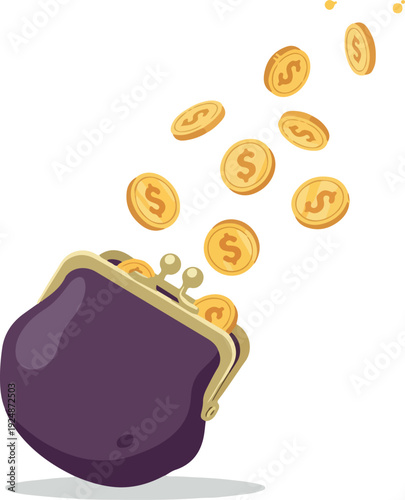 Purple Coin Purse With Falling Gold Dollar Coins Isolated Object Flat Illustration