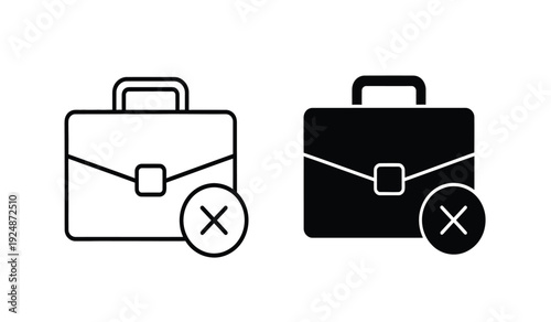 Vector icons of two briefcases in black and white line art styles with rejected signs