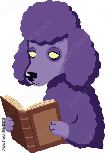 Purple Poodle Dog Reading a Book Isolated on White Background Flat Design