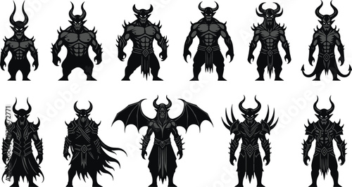 Dark fantasy demon warrior silhouette collection, gothic vector set, horned creature illustration, armored monster design, sinister character art concept
