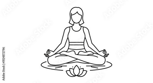 Woman meditating in lotus pose with lotus flower illustration.
