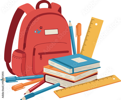 Red Backpack With Books Pens Pencils And Rulers Flat Design