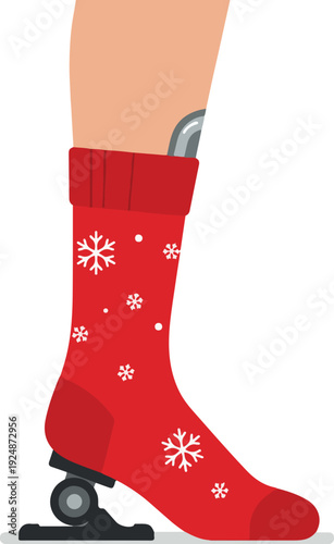 Red Christmas Sock On Prosthetic Leg With Snowflakes