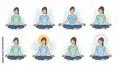 Woman meditating in lotus pose with angelic wings and halos.