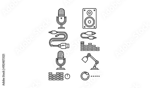 Simple Recording Equipment Outline Icons Collection Line Art Vector on White