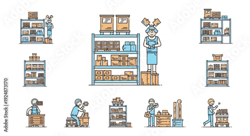 Warehouse workers organizing shelves and boxes in a storage facility.