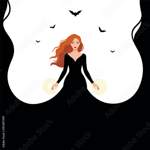Red Haired Witch in Black Dress With Glowing Orbs and Bats