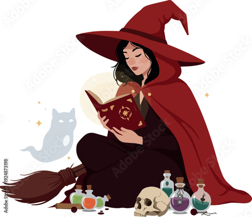 Red Hooded Witch Reading Spellbook With Ghost Broom Skull Potions