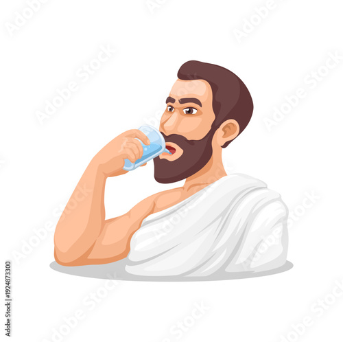 Muslim Man Drinking Zamzam Water Illustration Vector