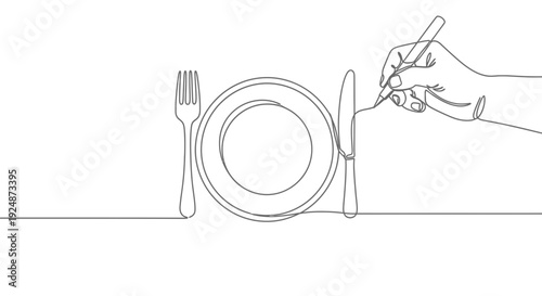 Hand drawing a dinner setting with fork, knife, and plate, minimalist line art concept