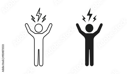 Two stick figure icons with lightning bolts on their heads in black and white colors on a pure